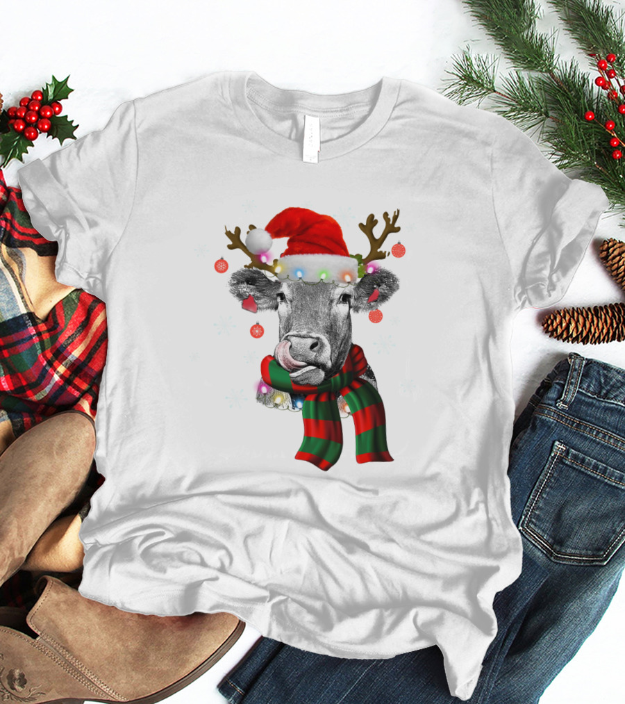 Cows Reindeer Santa Claus Christmas Lights Scarf Antlers Snowflakes Ornaments T-Shirt