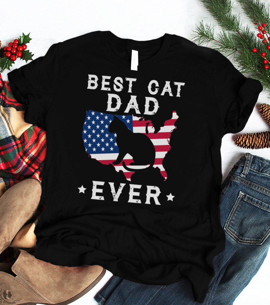 Best Cat Dad Ever USA Flag Cat T-Shirt