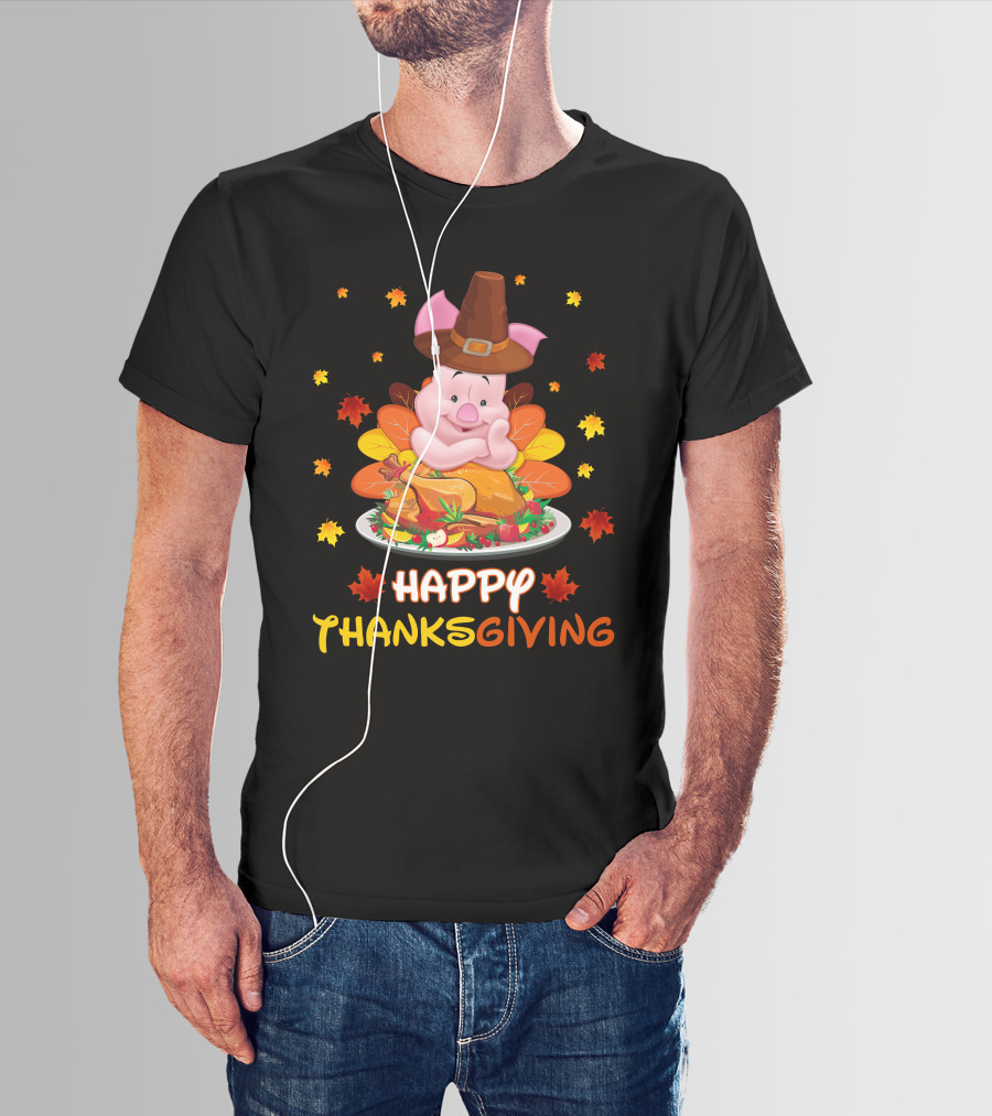 Happy Thanksgiving Piglet Feast With Autumn Leaves And Pilgrim Hat T-Shirt