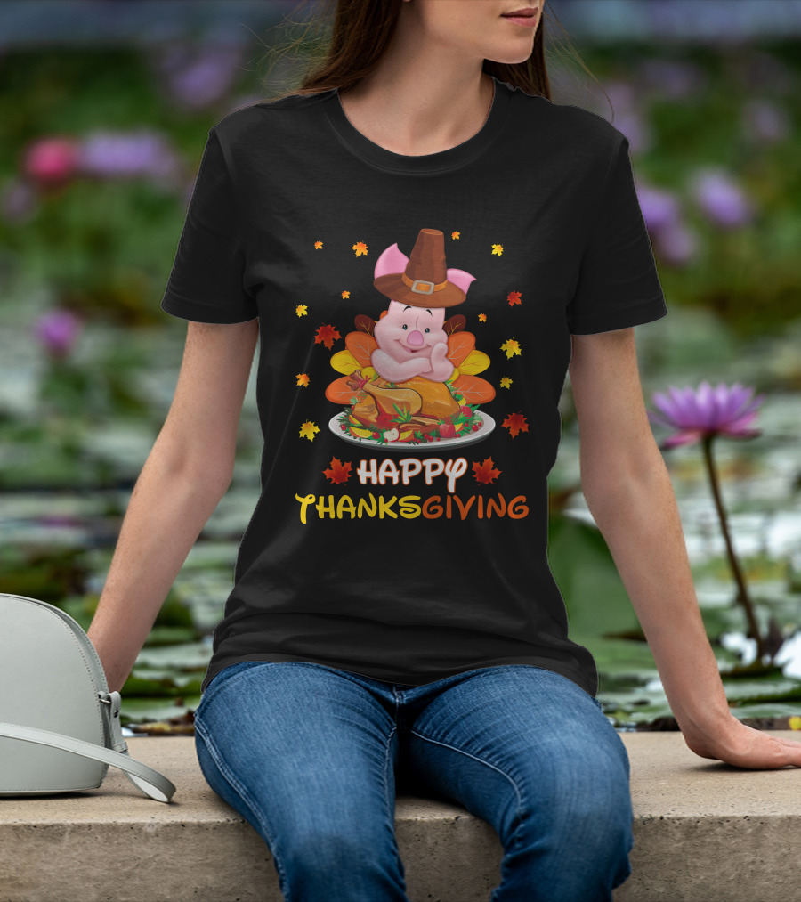 Happy Thanksgiving Piglet Feast With Autumn Leaves And Pilgrim Hat T-Shirt