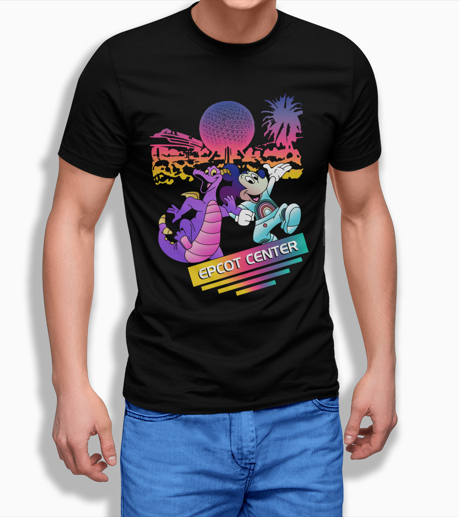 EPCOT CENTER Figment And Mickey Spaceship Earth Retro Spectrum Colors T-Shirt