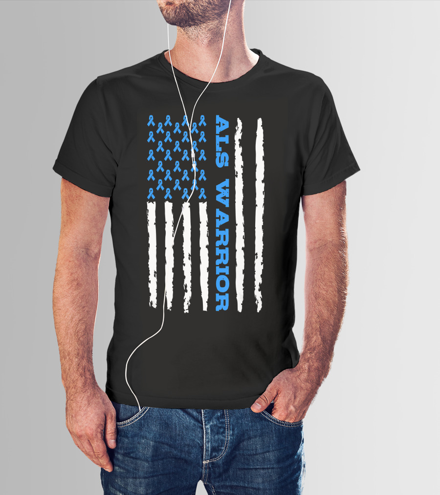 ALS Warrior Blue Ribbon Awareness American Flag USA T-Shirt