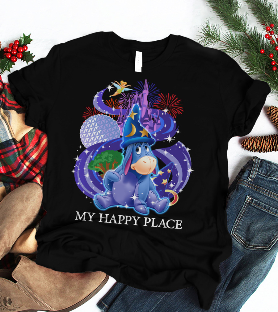 Eeyore My Happy Place Disney Castle Fireworks Spaceship Earth Tinker Bell T-Shirt