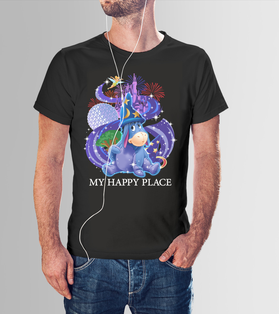 Eeyore My Happy Place Disney Castle Fireworks Spaceship Earth Tinker Bell T-Shirt