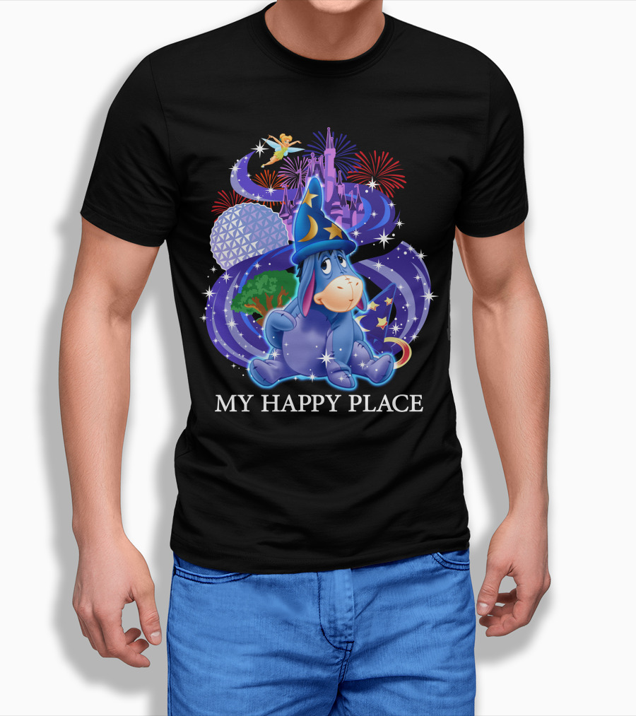 Eeyore My Happy Place Disney Castle Fireworks Spaceship Earth Tinker Bell T-Shirt