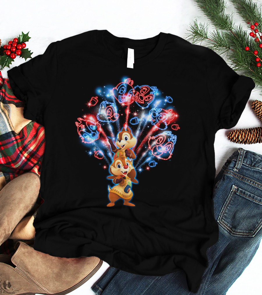 Chip N Dale Red And Blue Firework Display With Chipmunk Faces T-Shirt