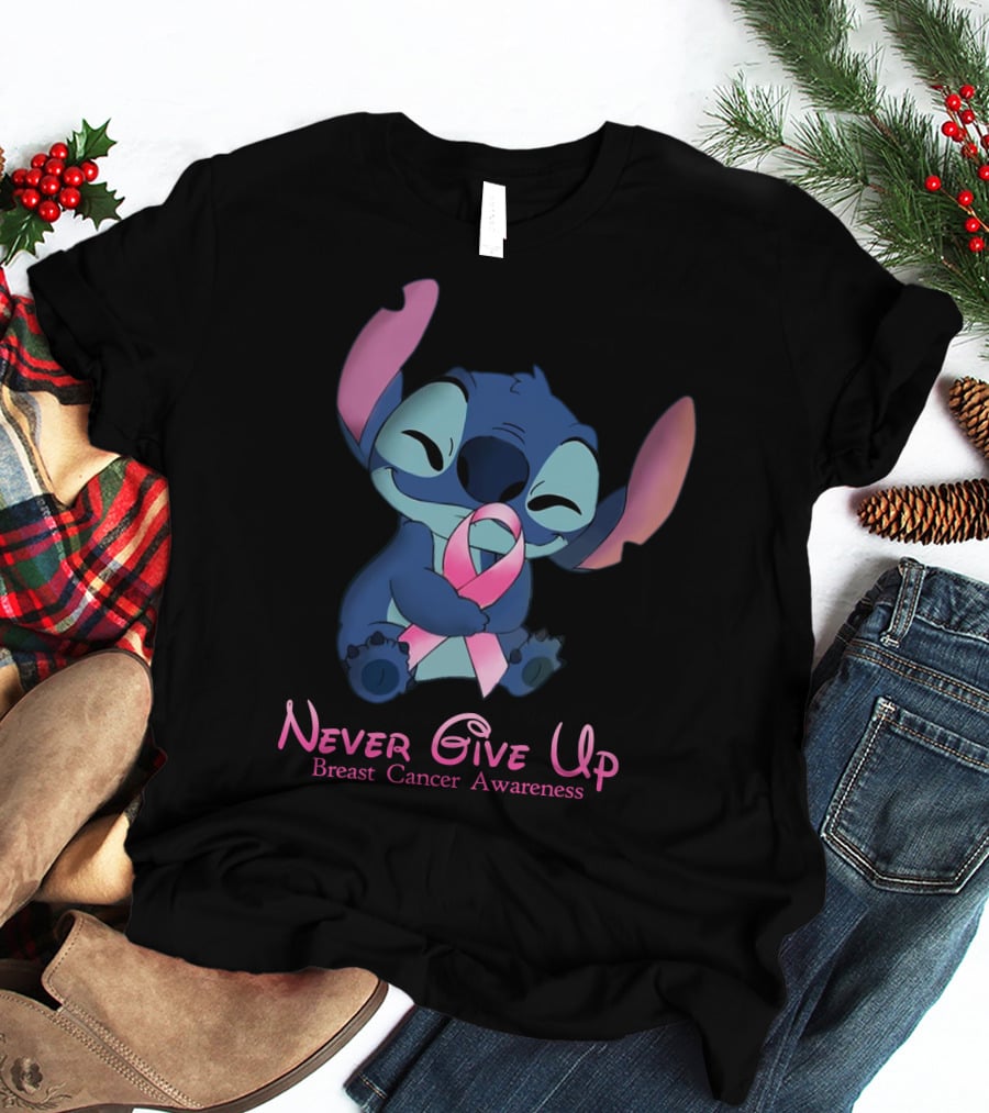 Never Give Up Breast Cancer Awareness Stitch Embrace T-Shirt