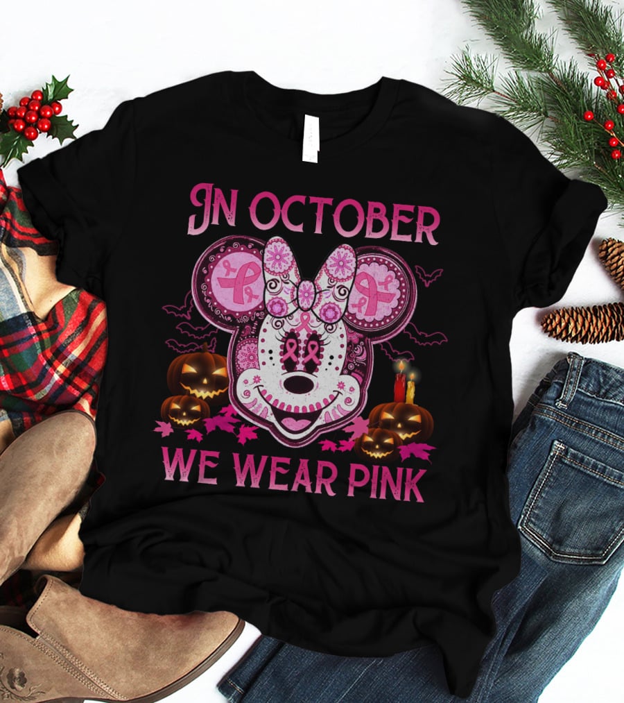 In October We Wear Pink Minnie Mouse Breast Cancer Awareness Halloween T-Shirt