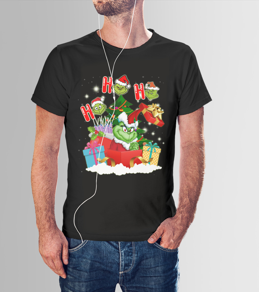 Grinch Christmas Ho Ho Ho Presents Tree Gifts Holiday Scene T-Shirt