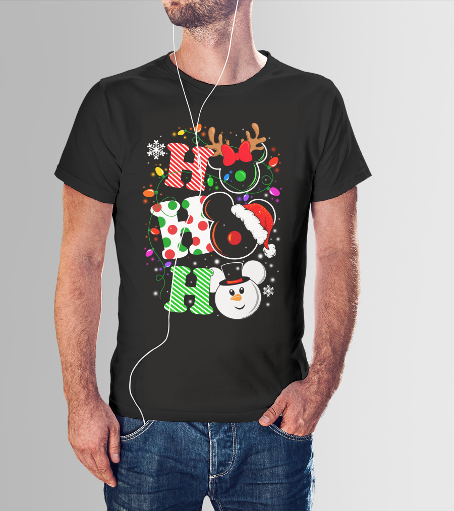 Disney Hohoho Christmas Mickey Mouse Holiday Lights Santa Hat Snowman Antlers T-Shirt
