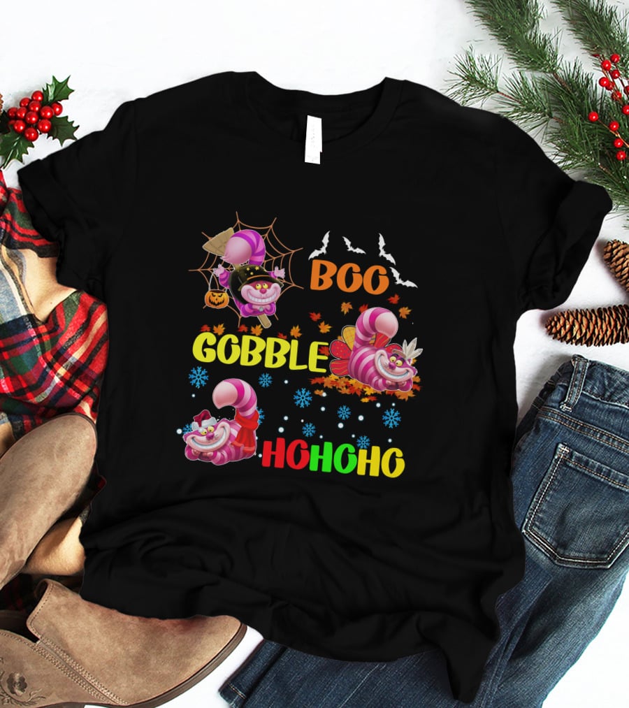 Cheshire Cat Boo Gobble HoHoHo HalloThanksMas T-Shirt