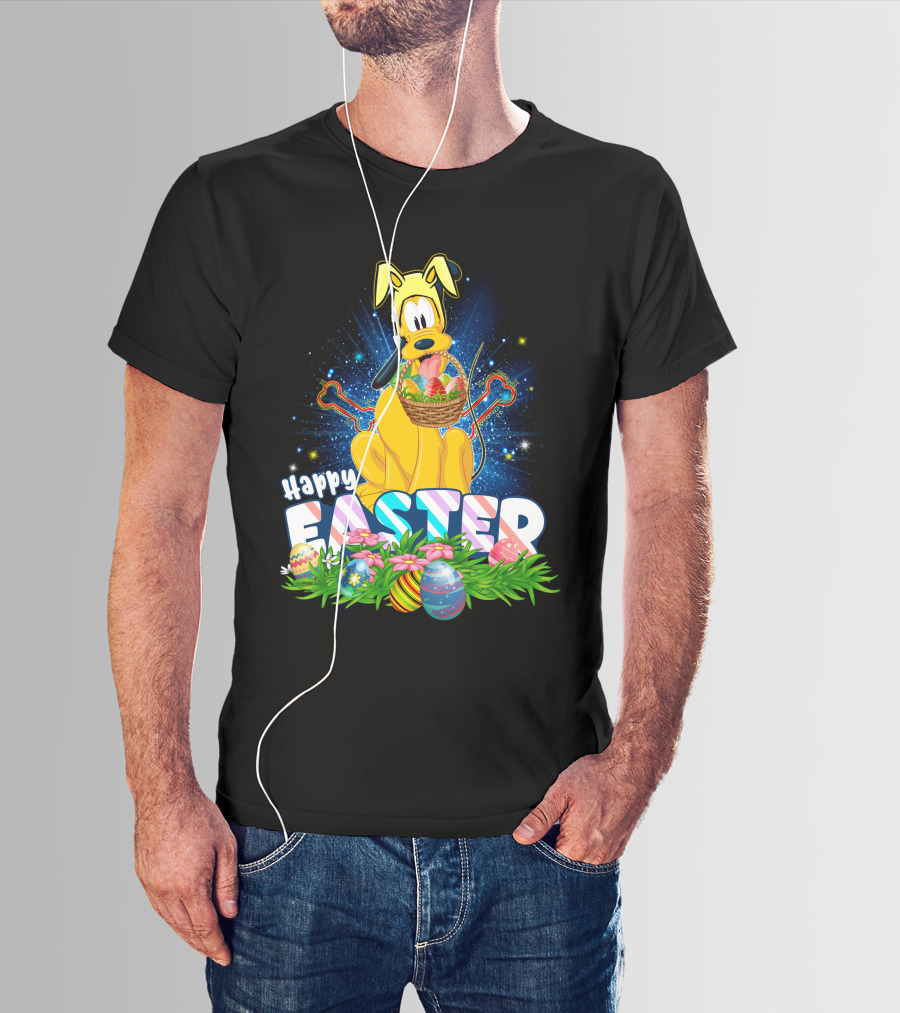 Pluto Happy Easter Basket With Eggs And Flowers T-Shirt