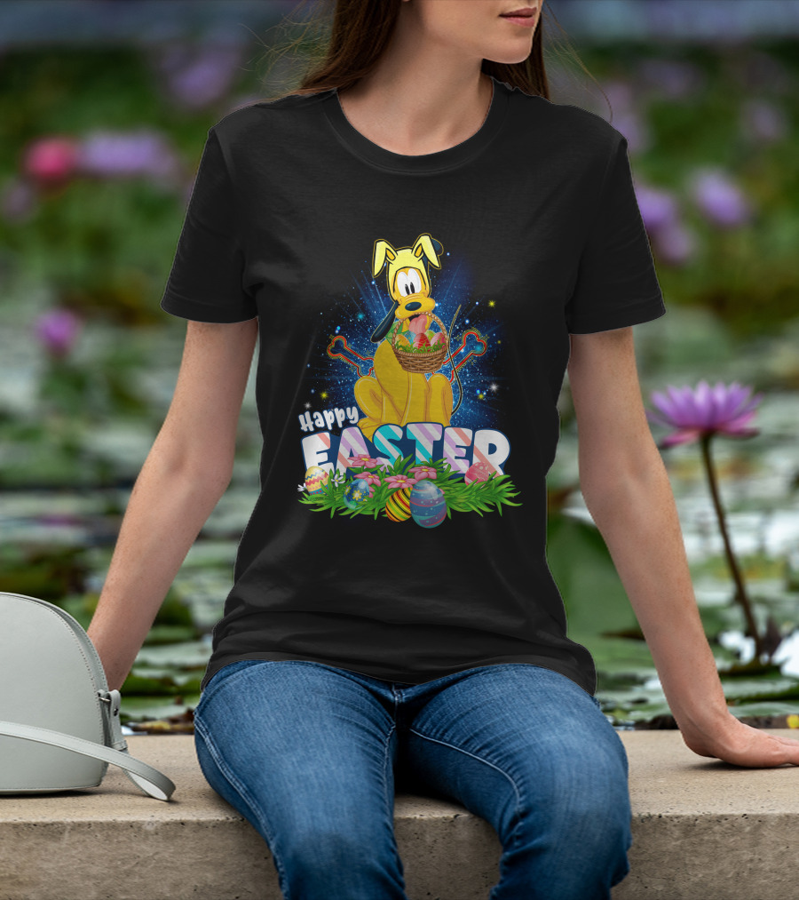 Pluto Happy Easter Basket With Eggs And Flowers T-Shirt
