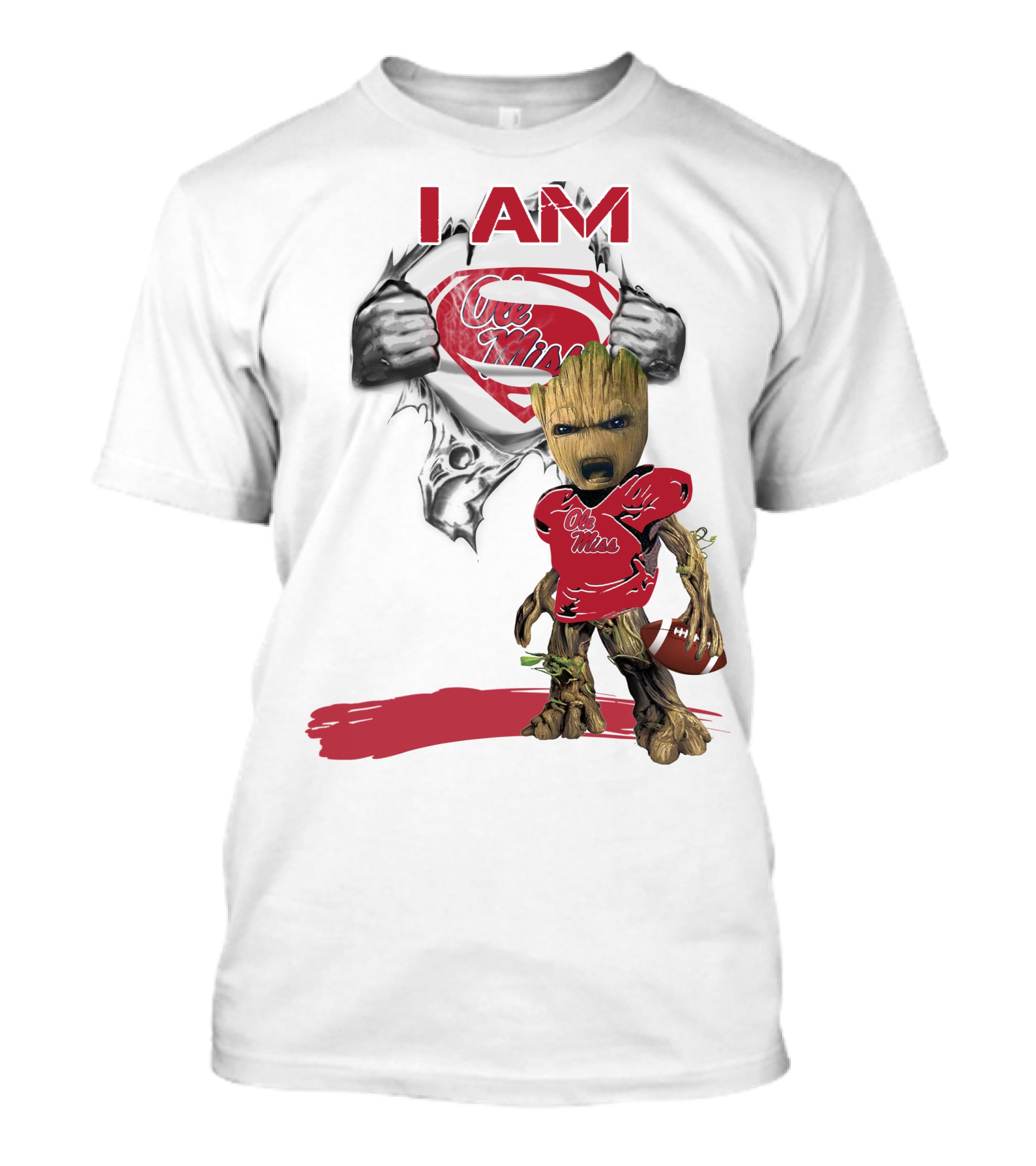 I Am Ole Miss Baby Groot Superman Football Player T-Shirt