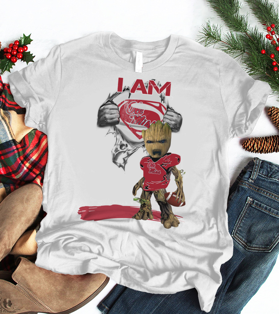 I Am Ole Miss Baby Groot Superman Football Player T-Shirt
