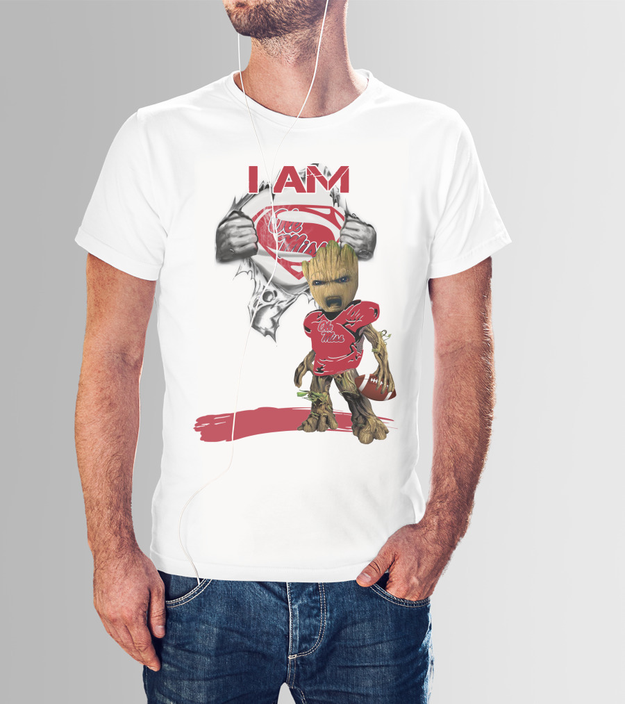 I Am Ole Miss Baby Groot Superman Football Player T-Shirt