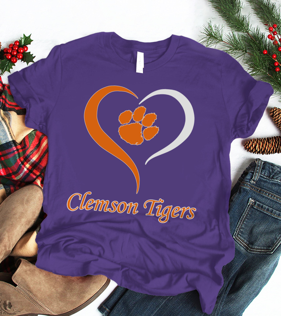 Clemson Tigers Heart Paw Print Purple And Orange T-Shirt