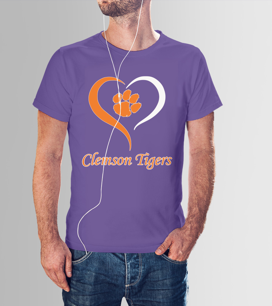 Clemson Tigers Heart Paw Print Purple And Orange T-Shirt