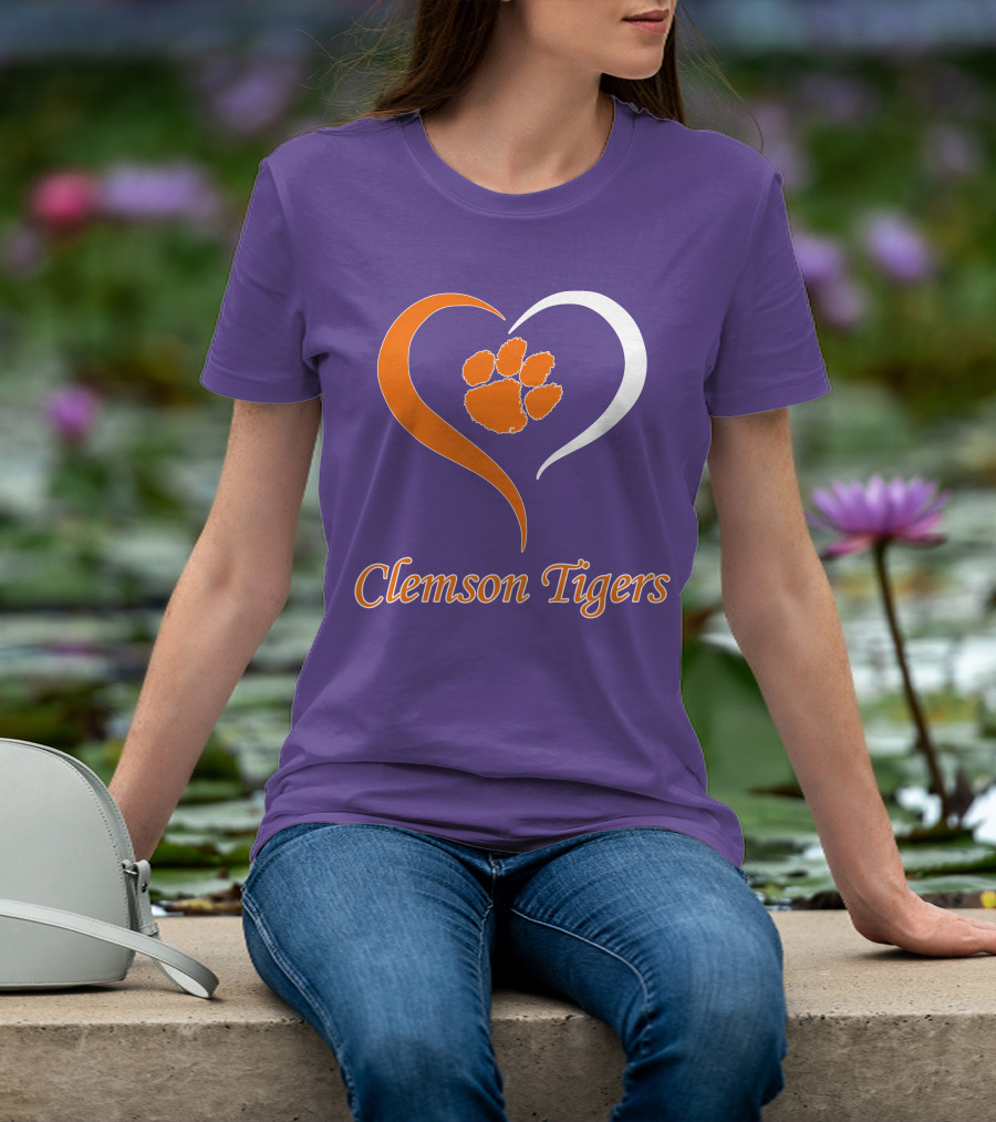 Clemson Tigers Heart Paw Print Purple And Orange T-Shirt