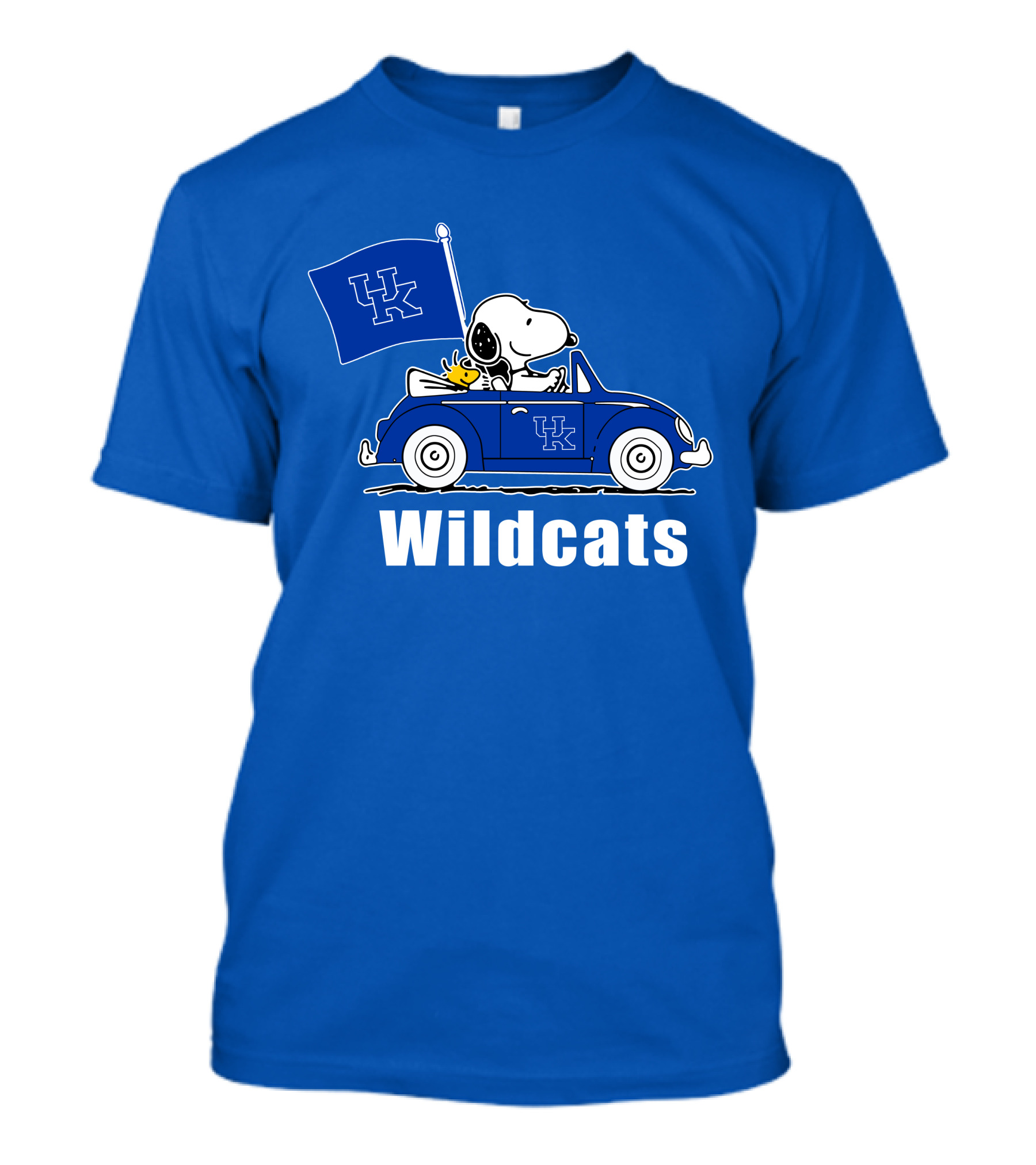 Snoopy Driving Kentucky Wildcats Car With Woodstock And UK Flag T-Shirt