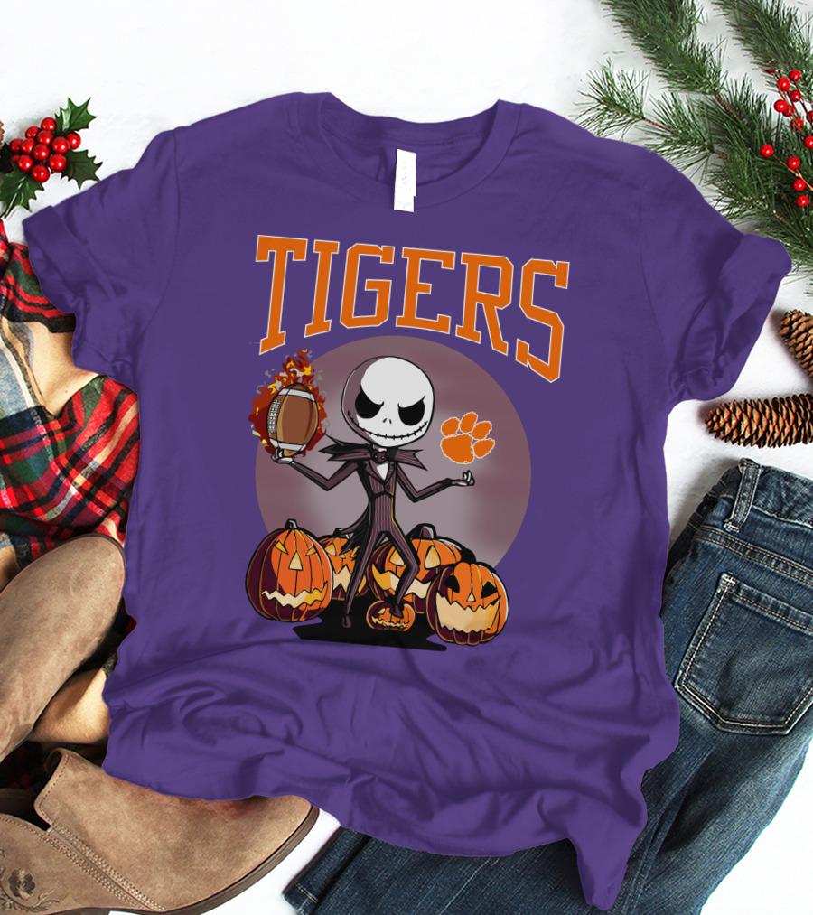 Tigers Jack Skellington Clemson Halloween Football And Pumpkins T-Shirt