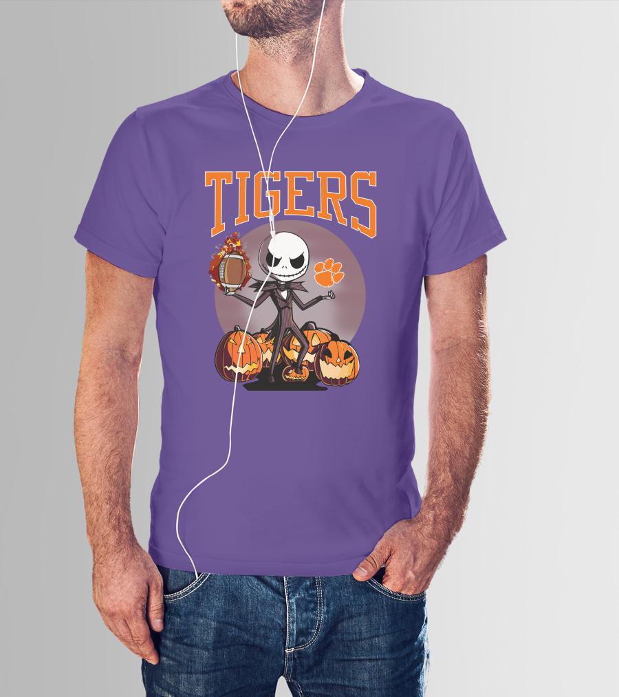 Tigers Jack Skellington Clemson Halloween Football And Pumpkins T-Shirt