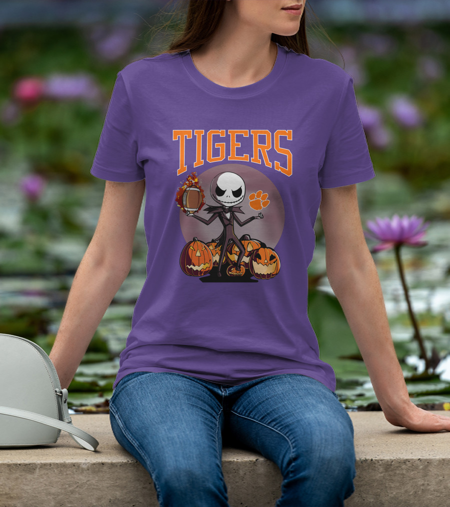 Tigers Jack Skellington Clemson Halloween Football And Pumpkins T-Shirt