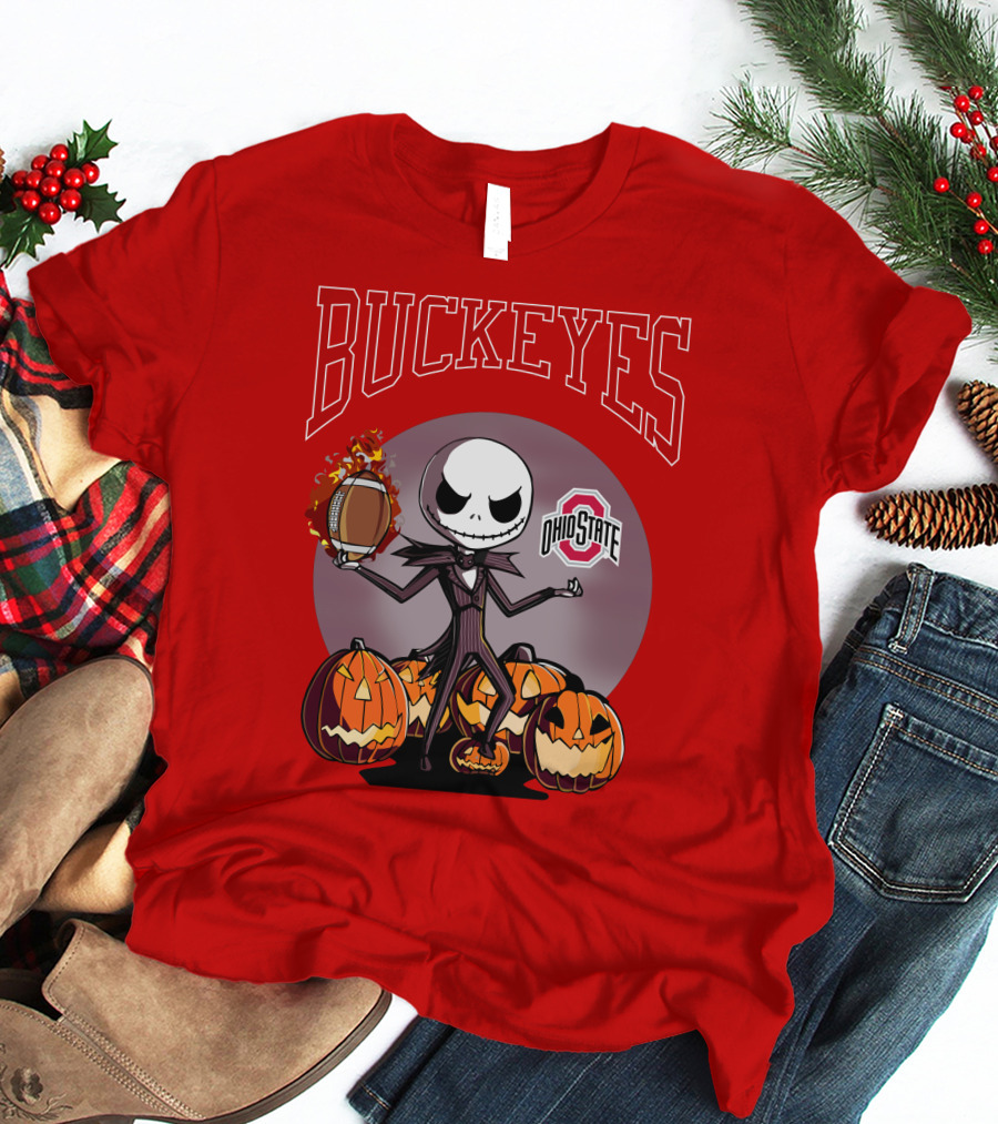 Ohio State Buckeyes Jack Skellington Halloween Football Pumpkins T-Shirt