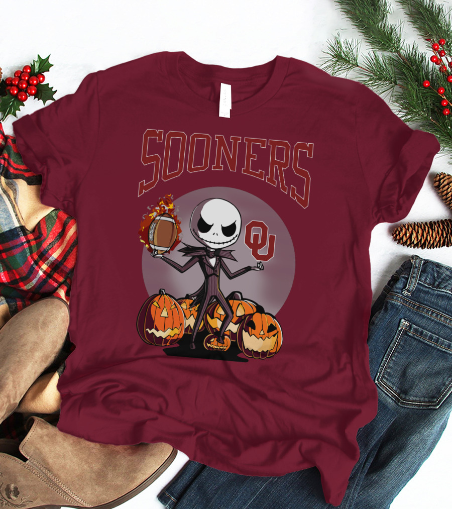 Sooners Halloween Jack Skellington OU Football Pumpkins T-Shirt