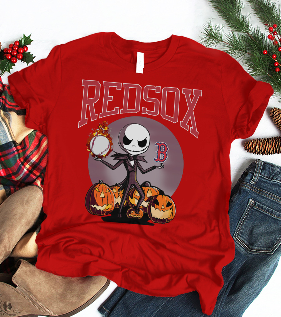 Red Sox Jack Skellington Halloween Pumpkins Baseball T-Shirt