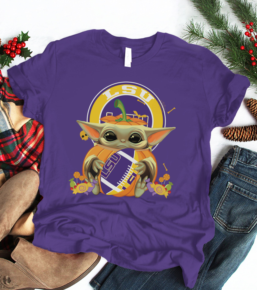 LSU Tigers Halloween Pumpkin Baby Yoda Hug Football T-Shirt