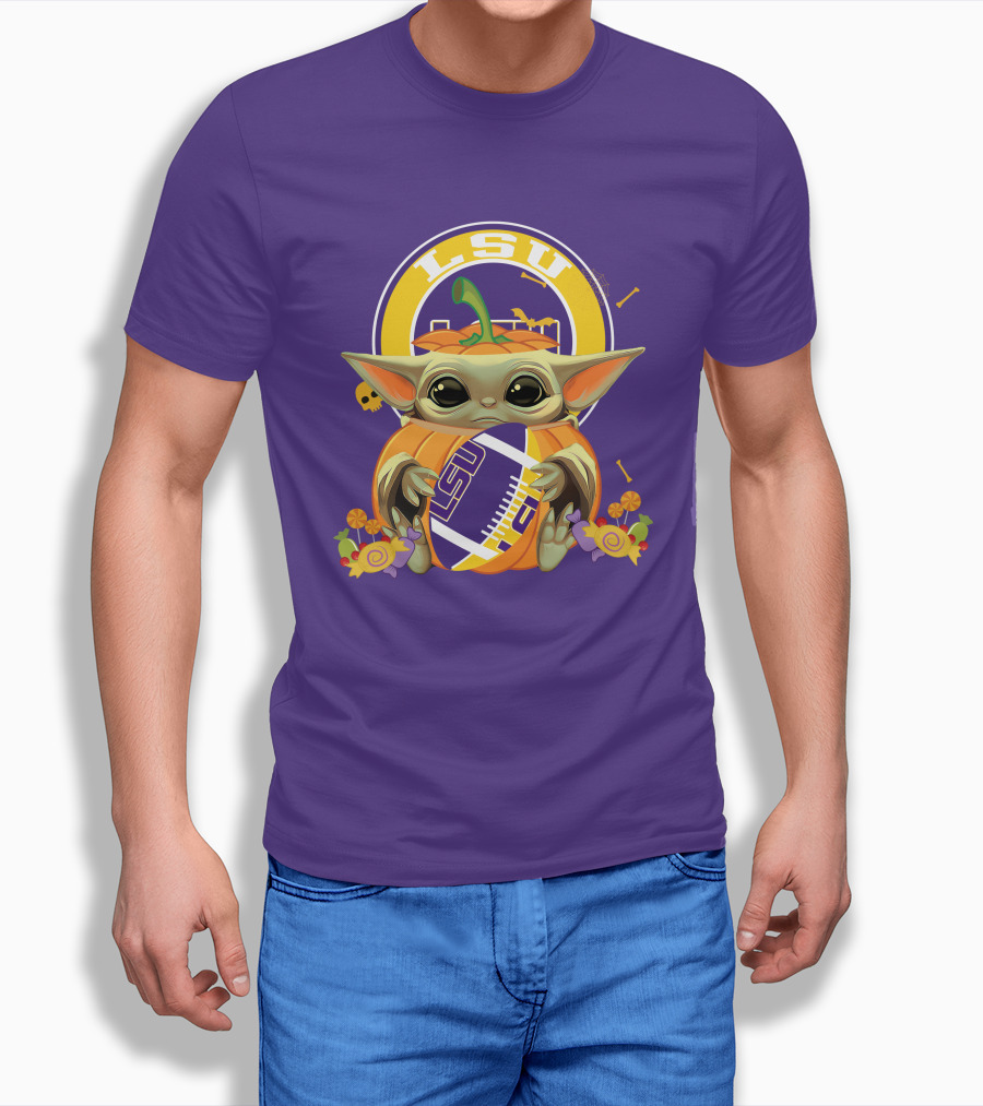 LSU Tigers Halloween Pumpkin Baby Yoda Hug Football T-Shirt