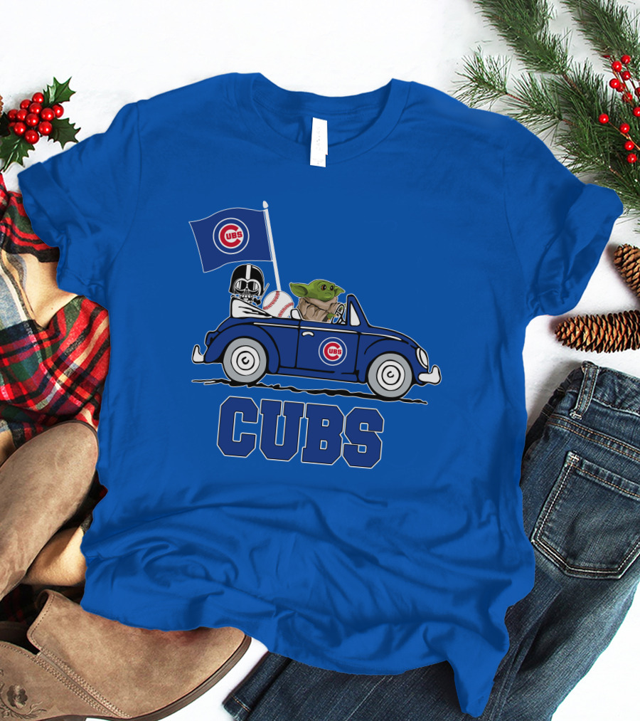 Chicago Cubs Darth Vader Baby Yoda Driving Star Wars Crossover T-Shirt
