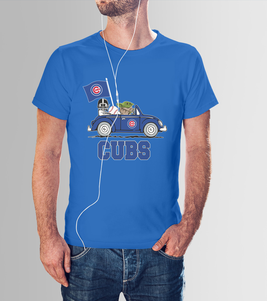 Chicago Cubs Darth Vader Baby Yoda Driving Star Wars Crossover T-Shirt