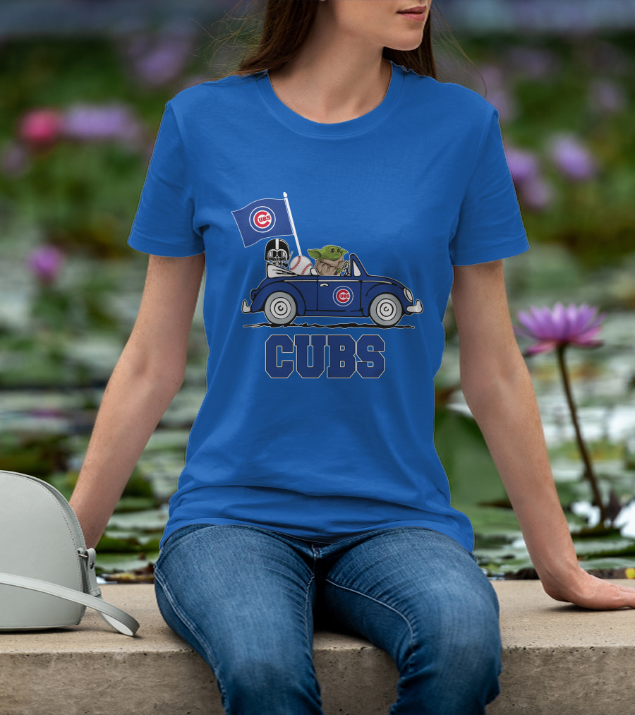 Chicago Cubs Darth Vader Baby Yoda Driving Star Wars Crossover T-Shirt