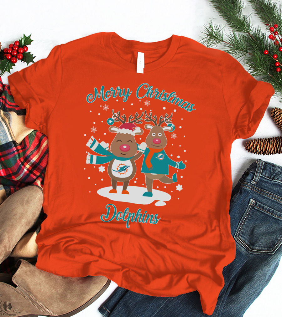 Merry Christmas Dolphins Reindeer Snowflakes T-Shirt
