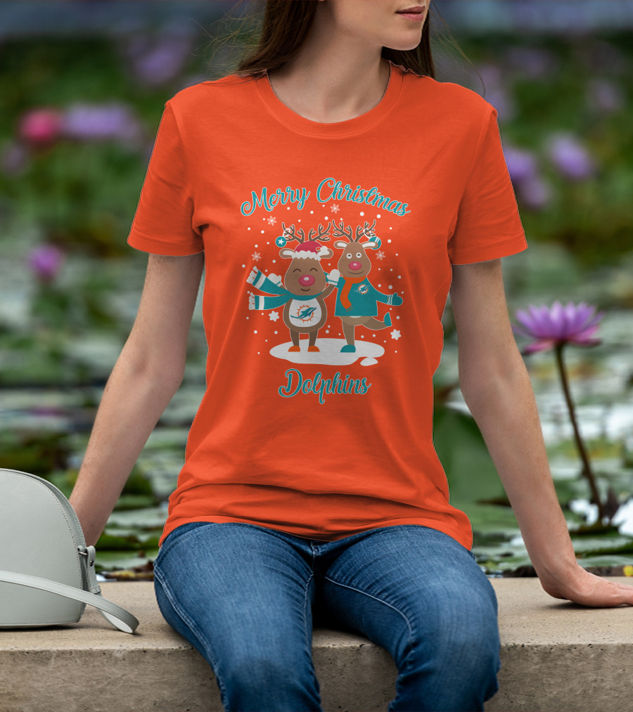 Merry Christmas Dolphins Reindeer Snowflakes T-Shirt