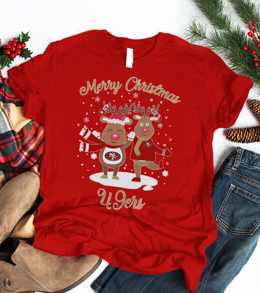 Merry Christmas 49ers Reindeer Festive Holiday T-Shirt