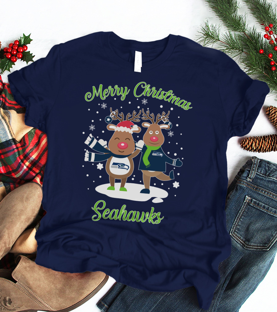 Merry Christmas Seattle Seahawks Reindeer Sweater Festive T-Shirt