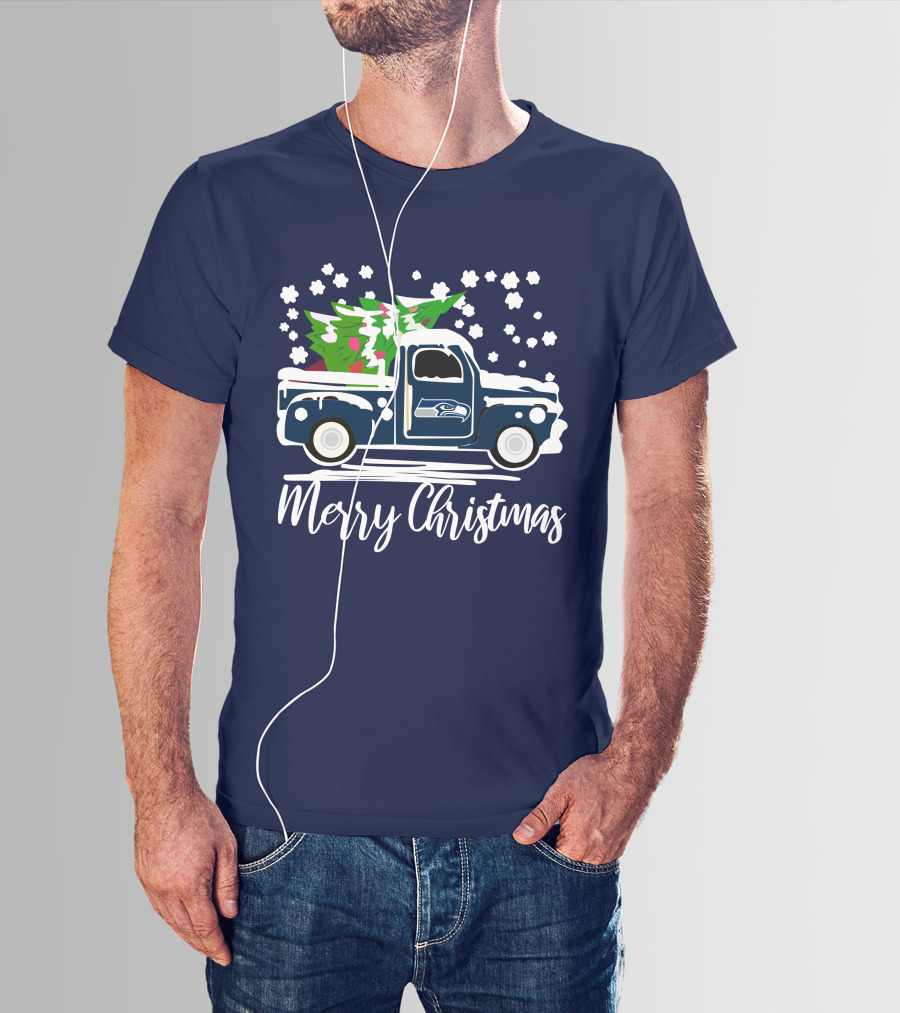 Seattle Seahawks Vintage Truck Merry Christmas Snowflakes And Tree T-Shirt
