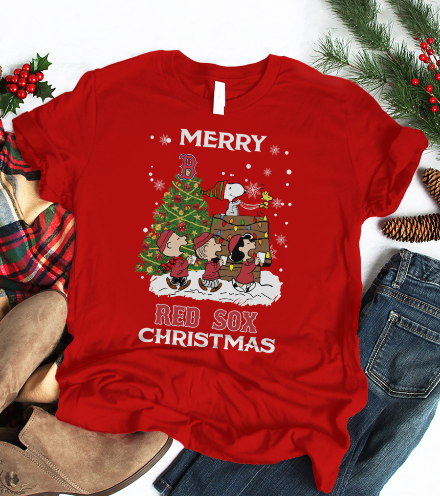 Merry Red Sox Christmas Tree With Snoopy And Friends T-Shirt