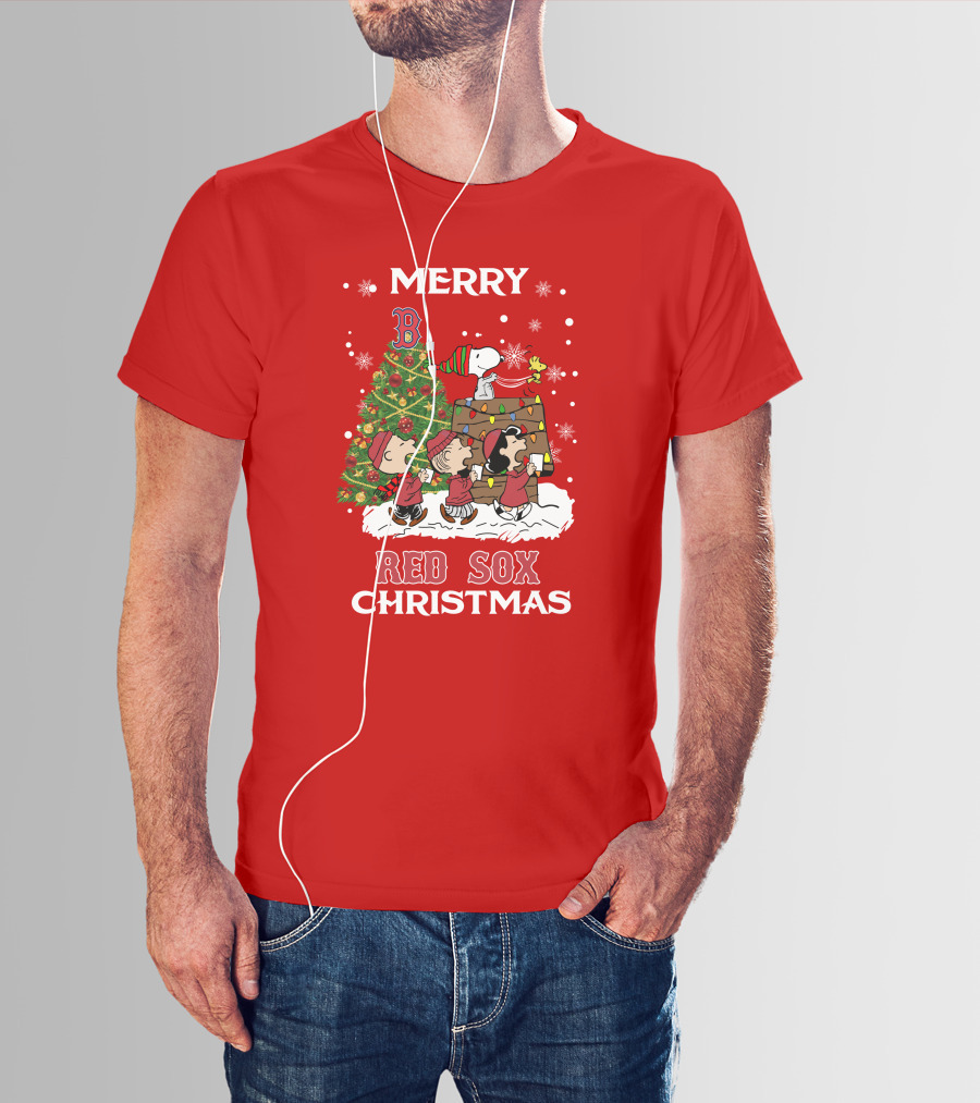 Merry Red Sox Christmas Tree With Snoopy And Friends T-Shirt