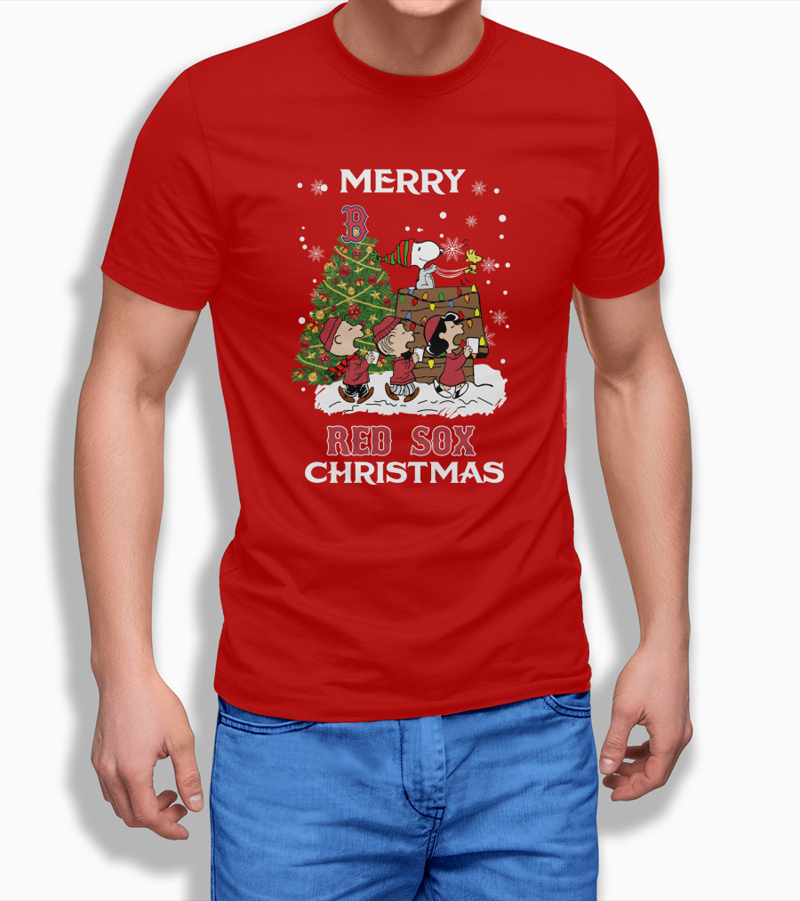Merry Red Sox Christmas Tree With Snoopy And Friends T-Shirt