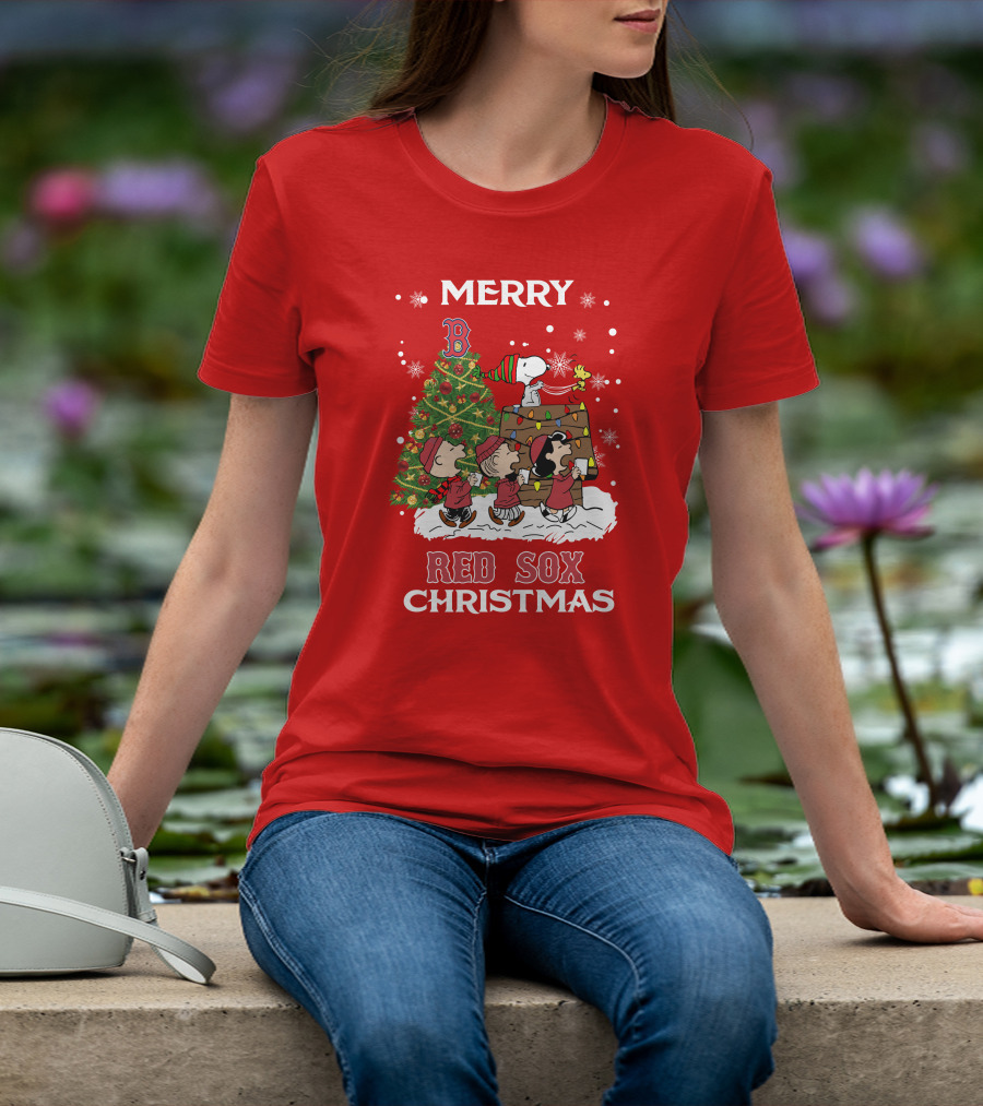 Merry Red Sox Christmas Tree With Snoopy And Friends T-Shirt