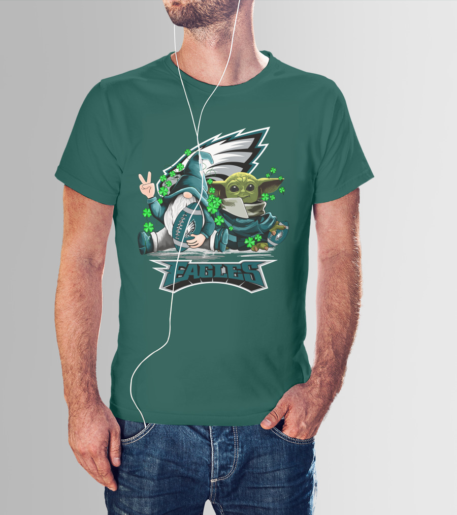 Philadelphia Eagles Leprechauns Gnomes Baby Yoda Hug Football T-Shirt