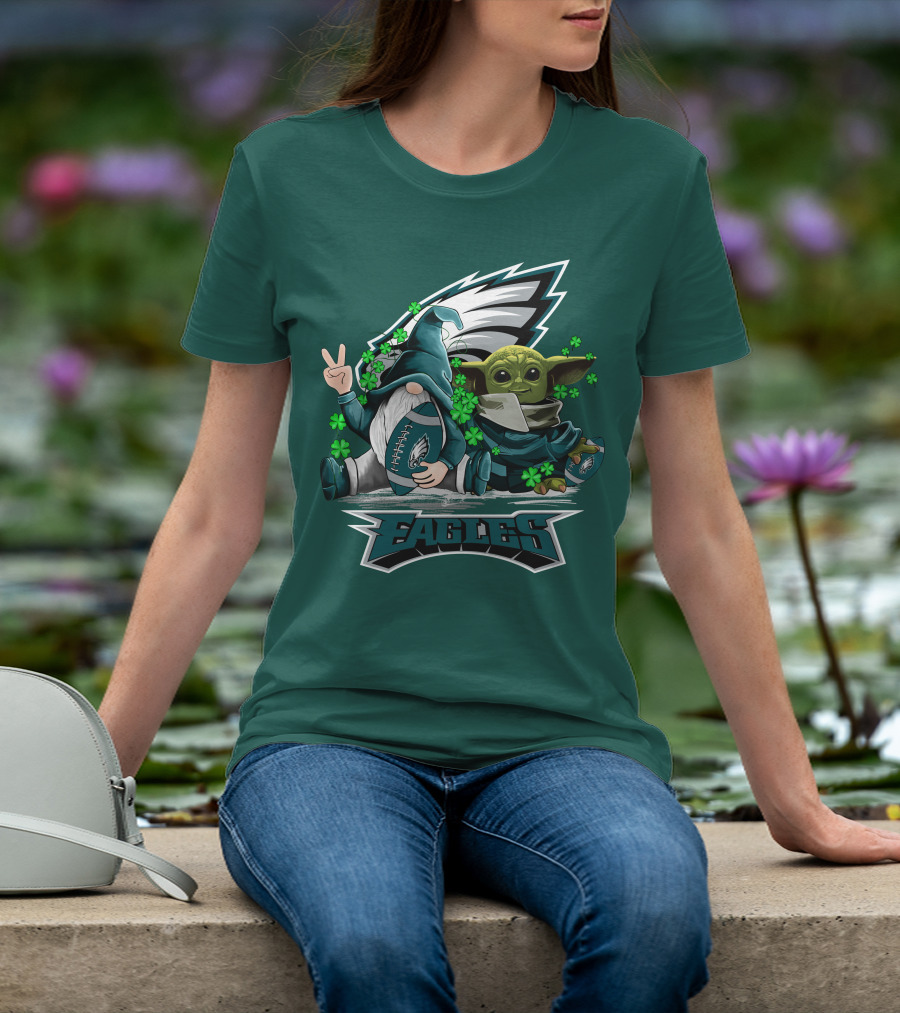 Philadelphia Eagles Leprechauns Gnomes Baby Yoda Hug Football T-Shirt