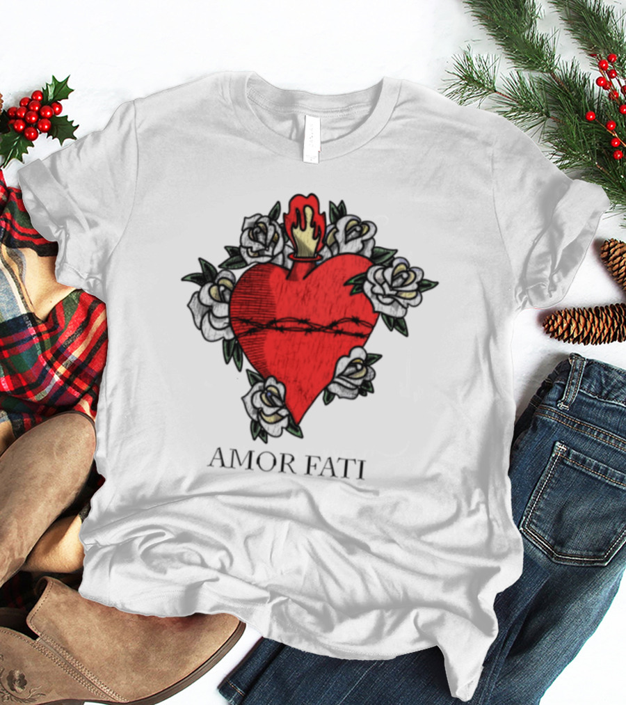Amor Fati Sacred Heart Barbed Wire Roses Flame T-Shirt