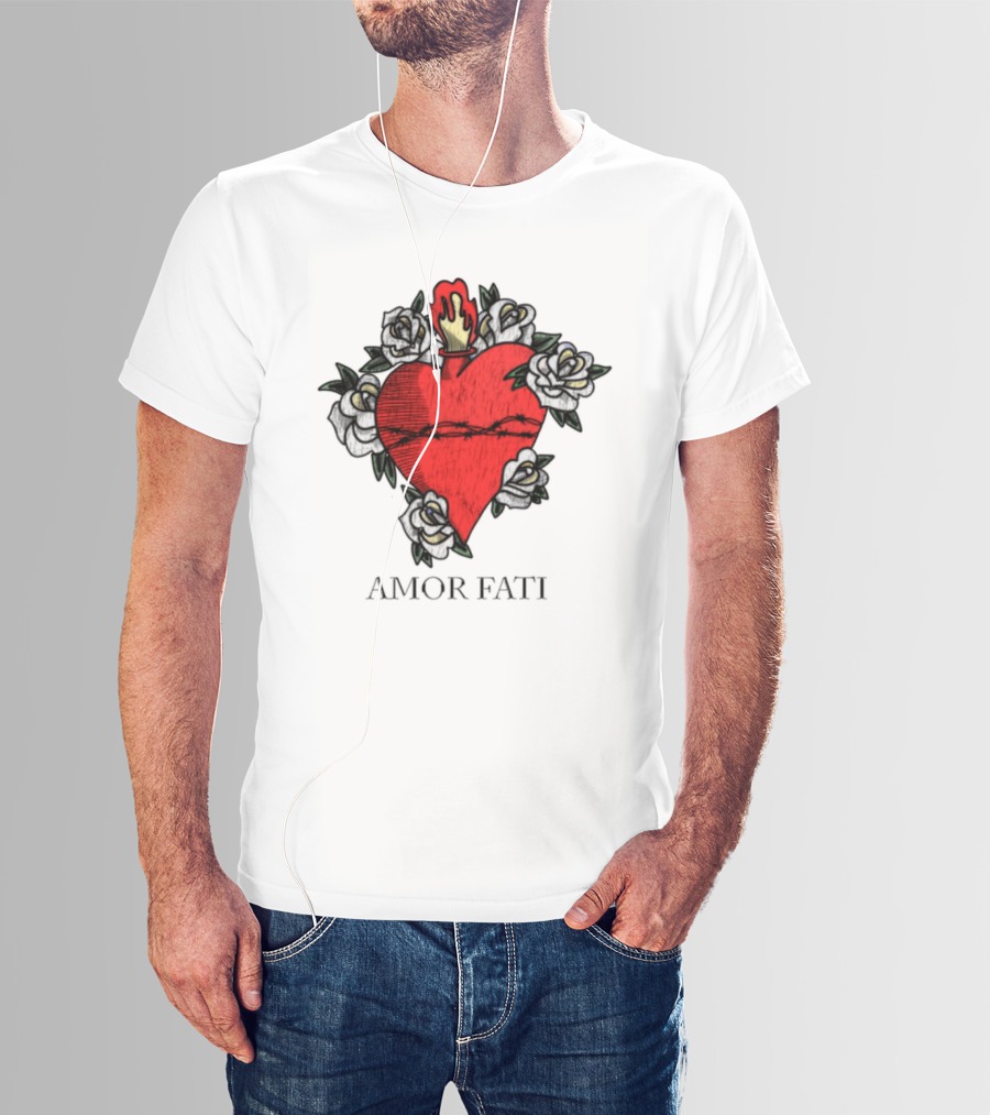 Amor Fati Sacred Heart Barbed Wire Roses Flame T-Shirt