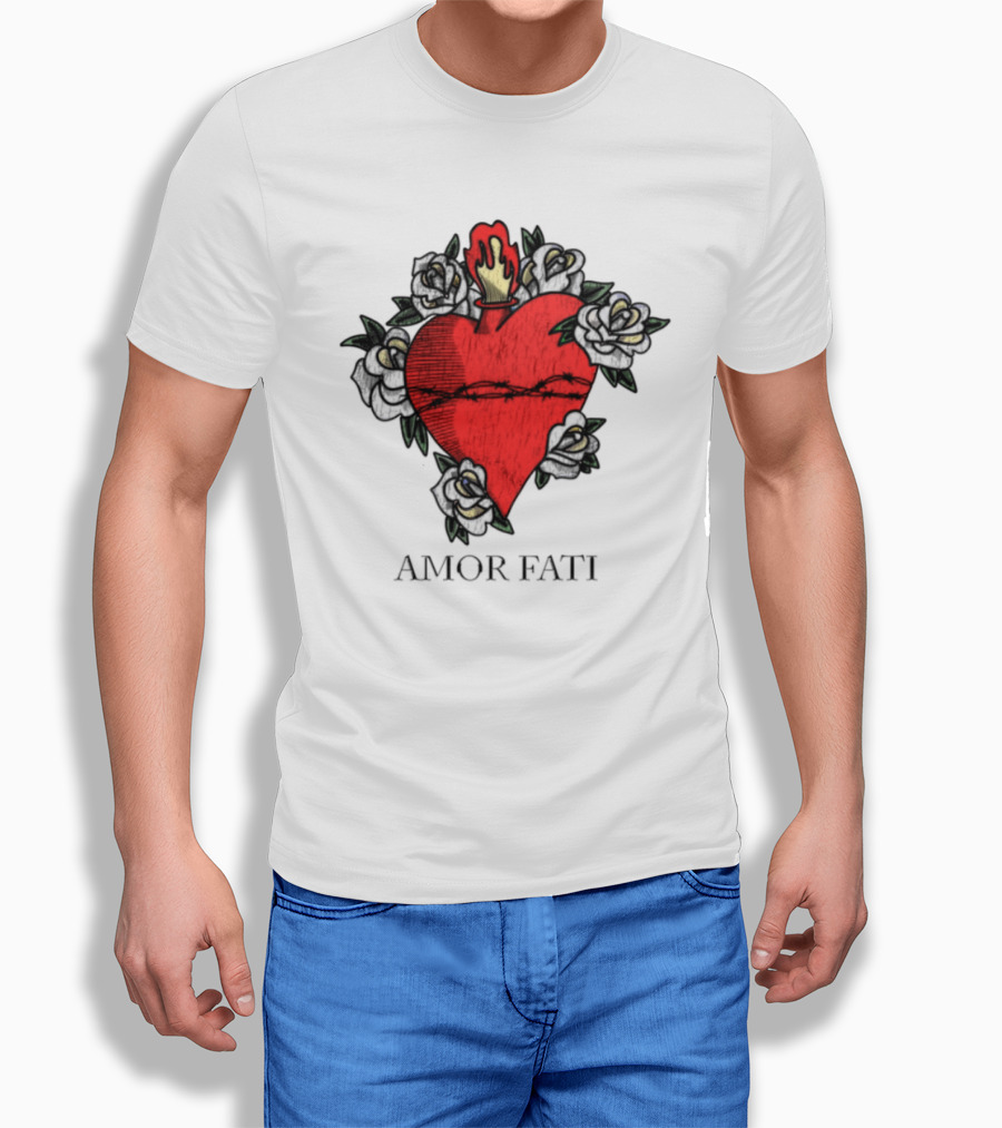 Amor Fati Sacred Heart Barbed Wire Roses Flame T-Shirt