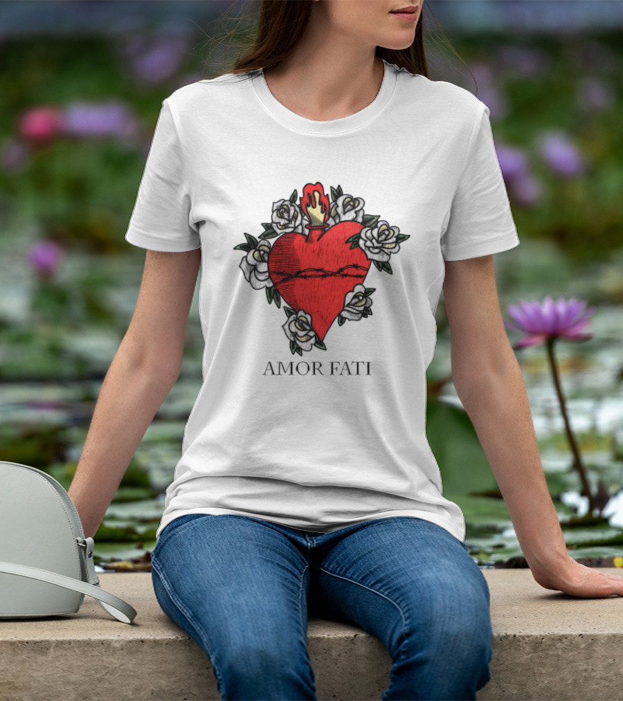 Amor Fati Sacred Heart Barbed Wire Roses Flame T-Shirt